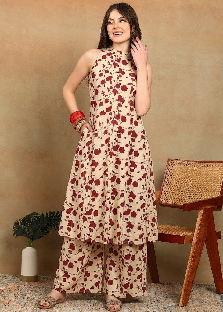 MAROON FLORAL KURTA PLAZZO SET