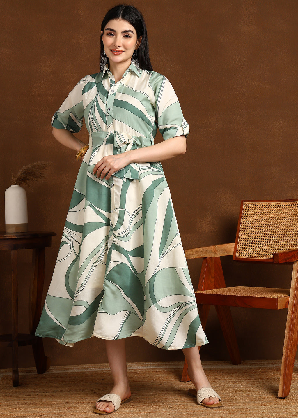 GREEN GEOMETRIC MODAL SILK ONE PIECE DRESS