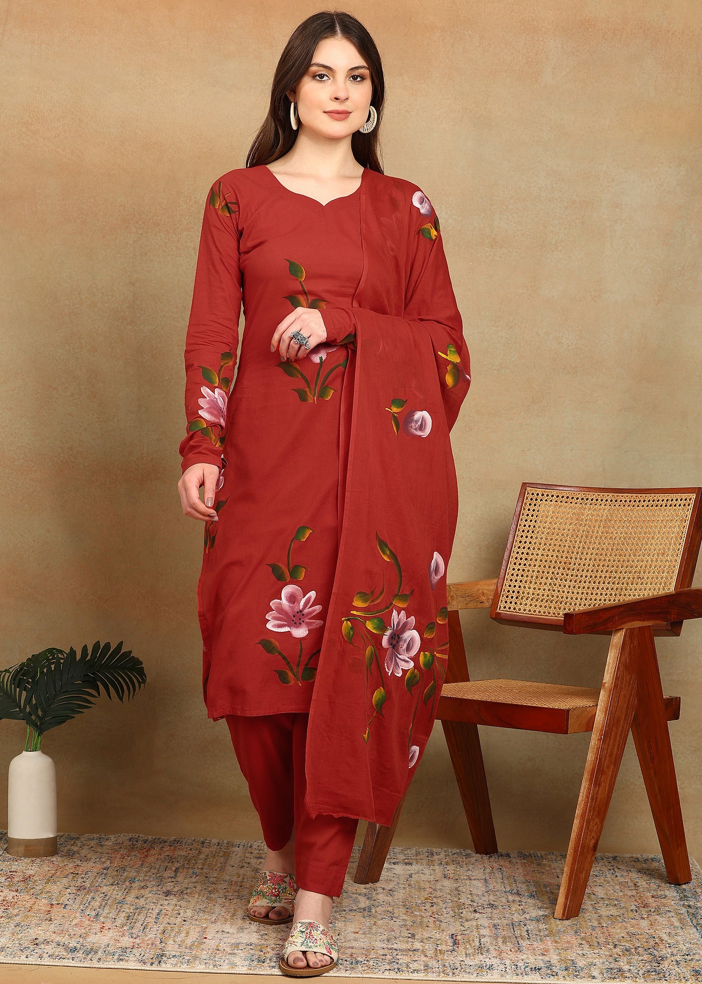 RED HANDPAINTED FLORAL SUIT SET