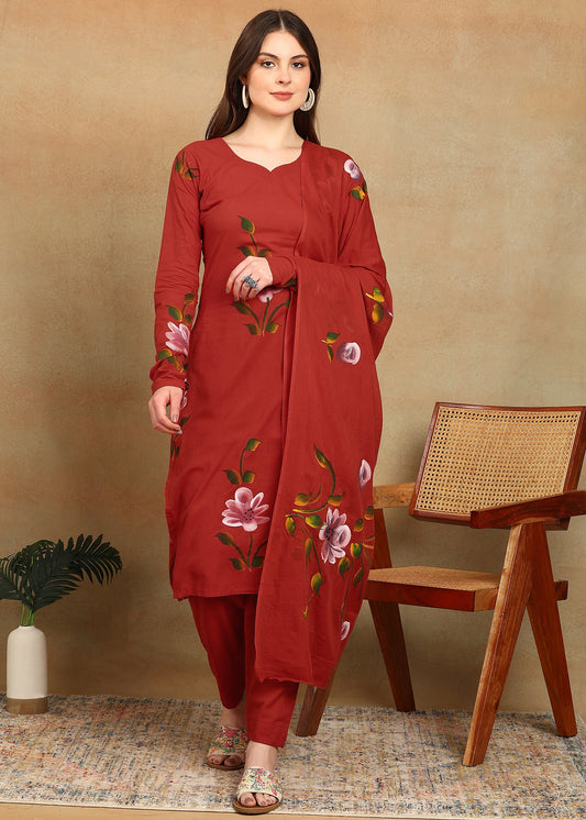 RED HANDPAINTED FLORAL SUIT SET
