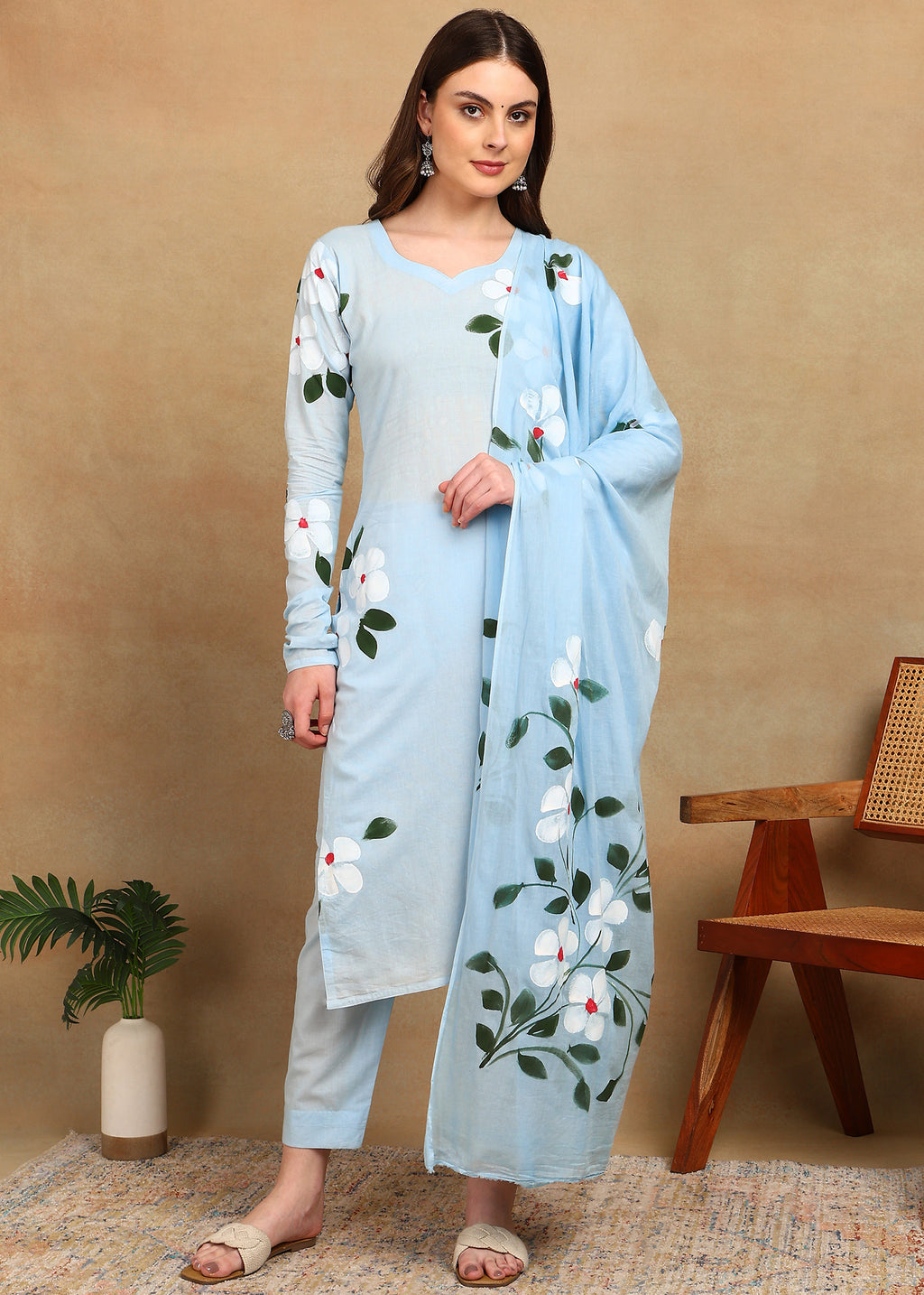 SKY BLUE HANDPAINTED FLORAL SUIT SET