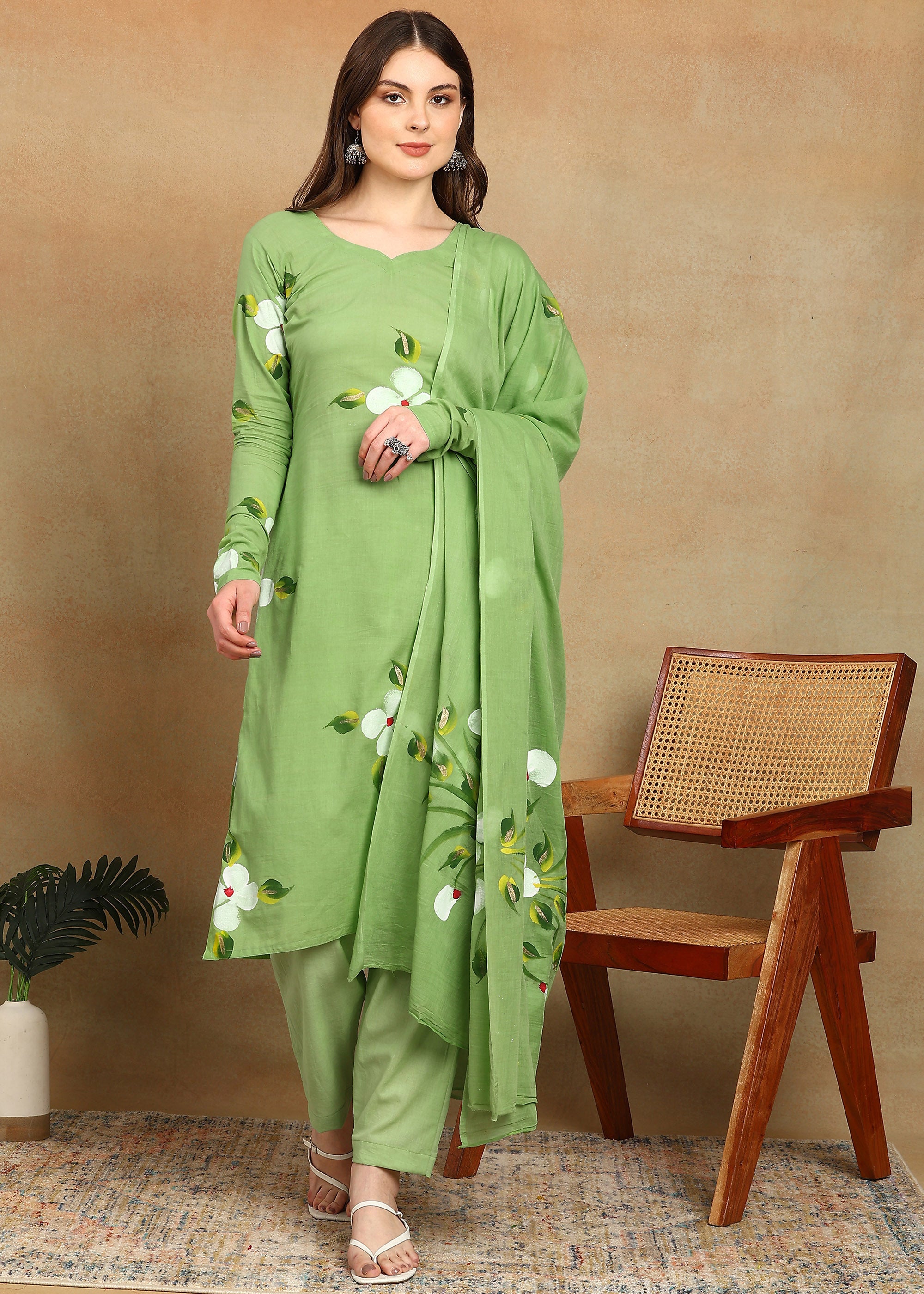 GREEN HANDPAINTED FLORAL SUIT SET