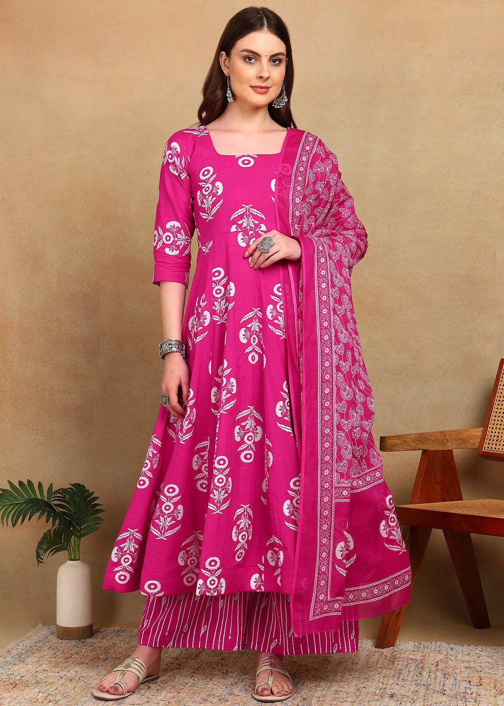 PINK FLORAL ANARKALI SUIT SET