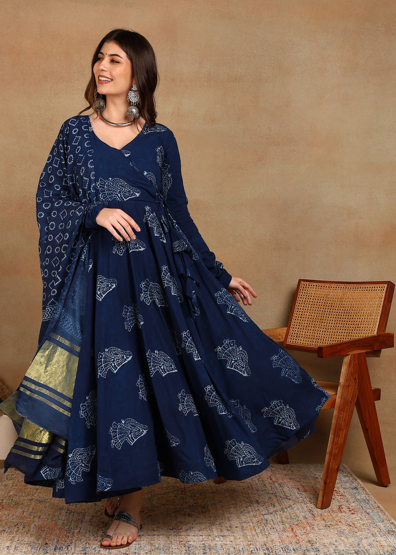 LADY DABU INDIGO HANDBLOCKED ANARKALI SUIT SET