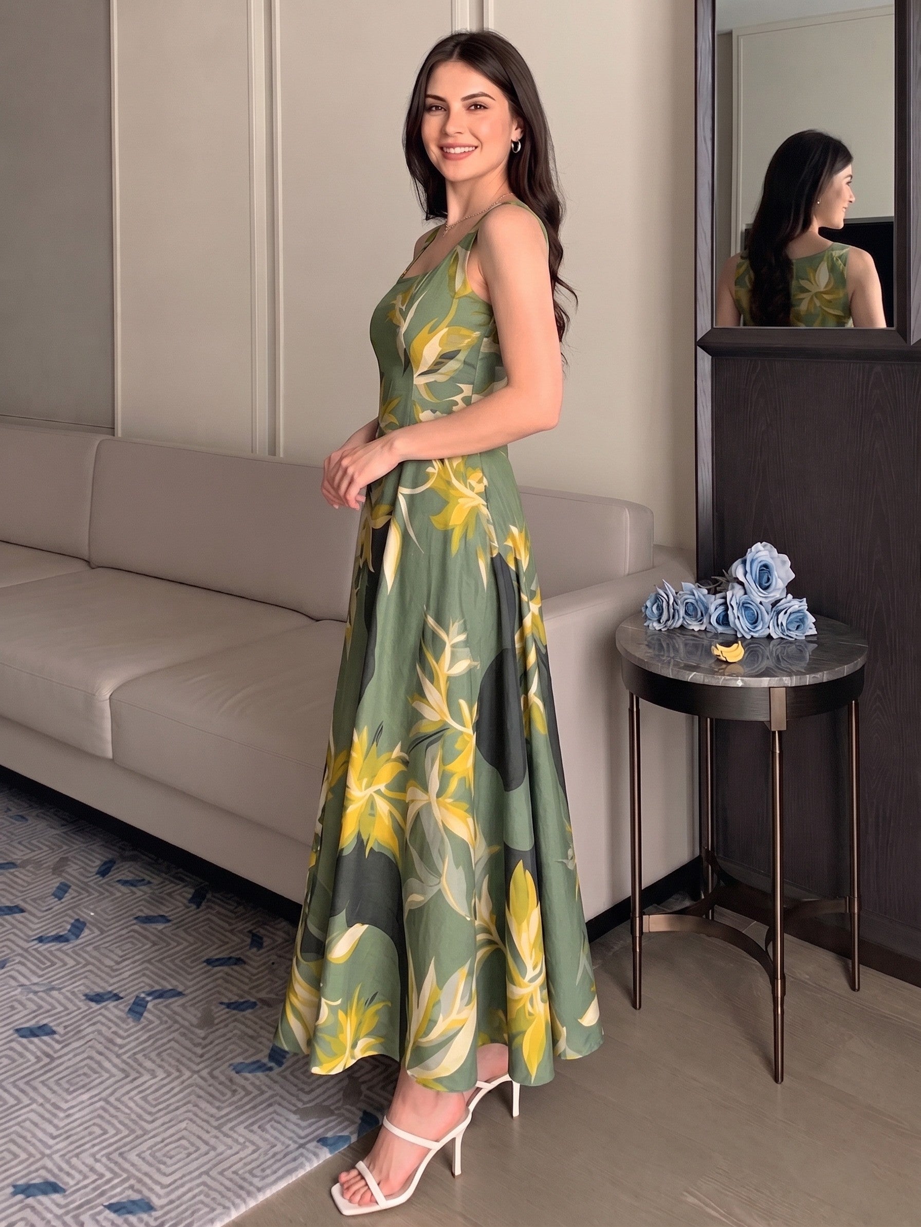 ABSTRACT GREEN STRAP DRESS