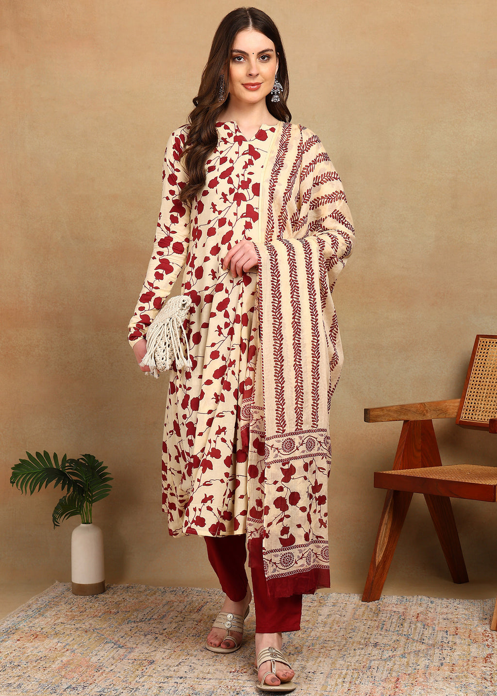 CREAM & MAROON FLORAL PRINTED ANARKALI SUIT SET