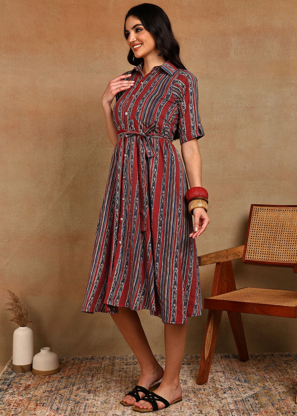 RED BLUE STRIPES COLLAR DRESS