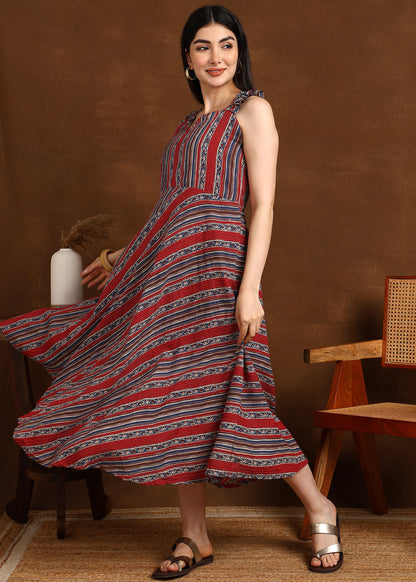 RED BLUE KATHA STRIPS DRESS