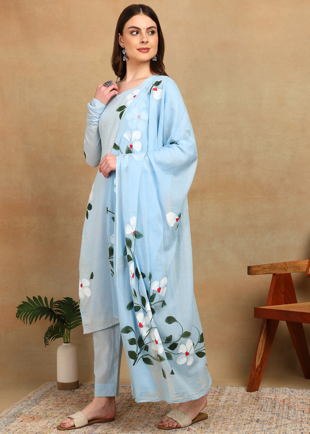 SKY BLUE HANDPAINTED FLORAL SUIT SET