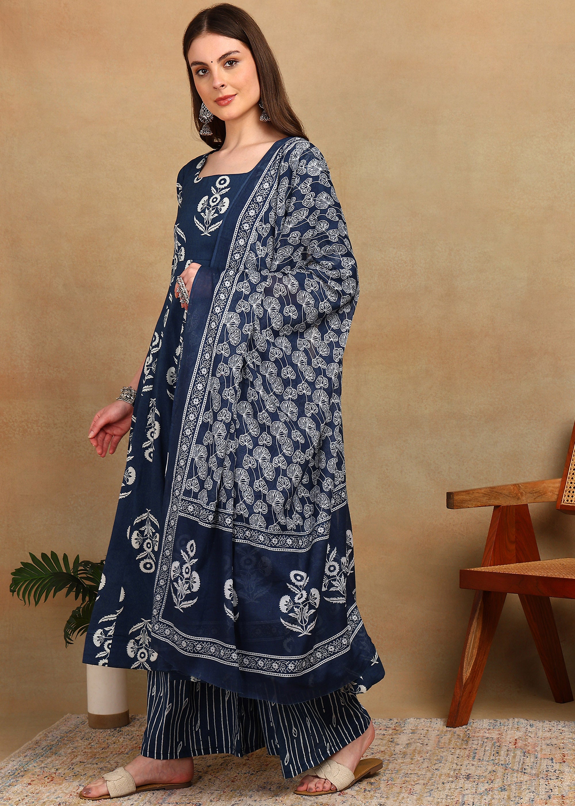 INDIGO FLORAL ANARKALI SUIT SET