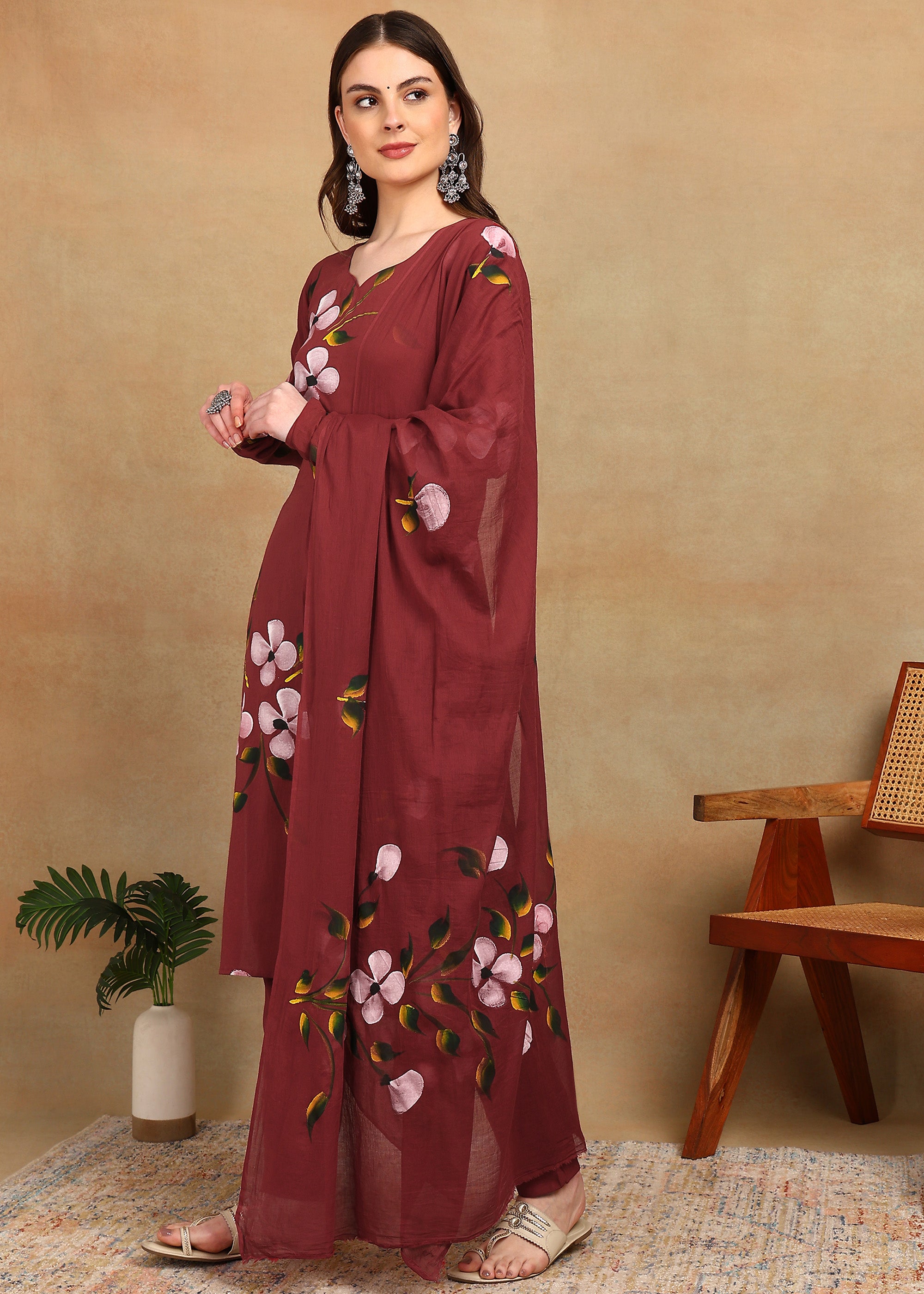MAROON FLORAL HANDPAINT SUIT SET