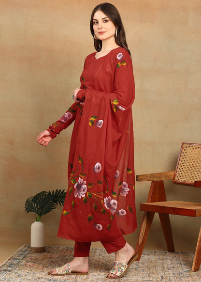 RED HANDPAINTED FLORAL SUIT SET