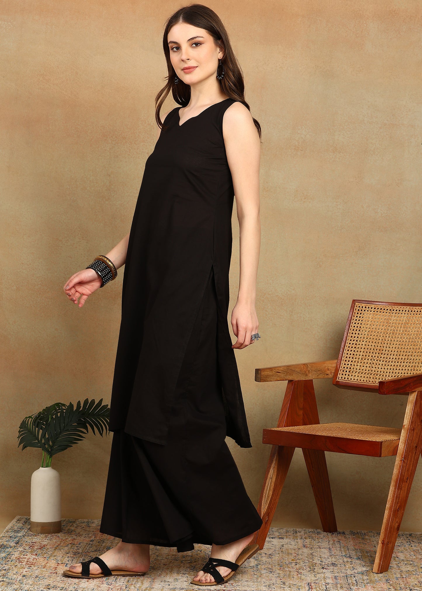 BLACK SLUB KURTA SET