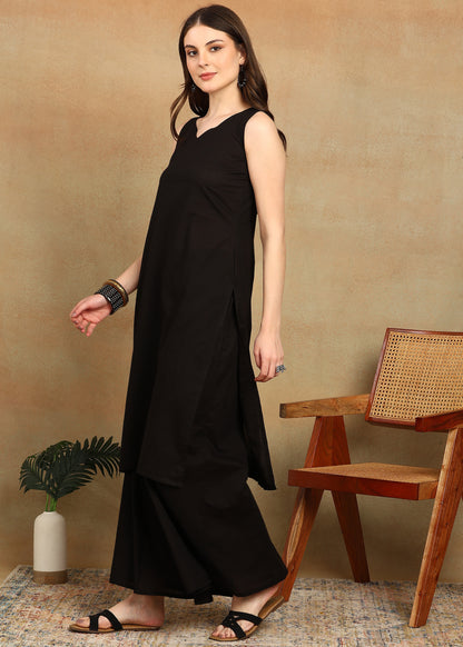 BLACK SLUB KURTA SET