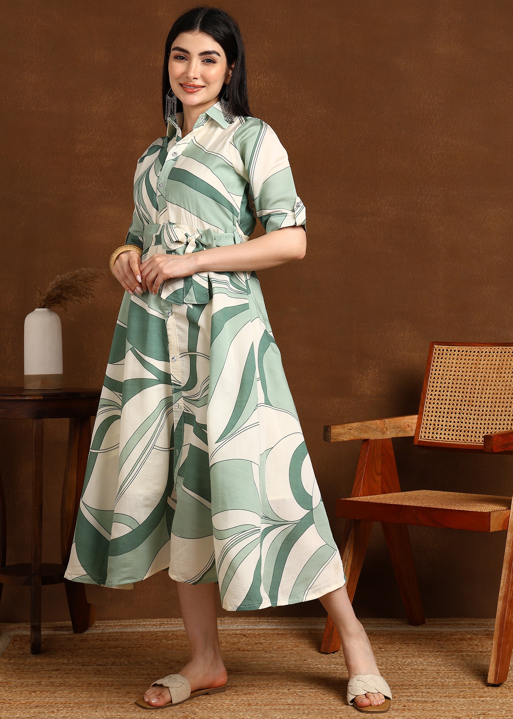 GREEN GEOMETRIC MODAL SILK ONE PIECE DRESS