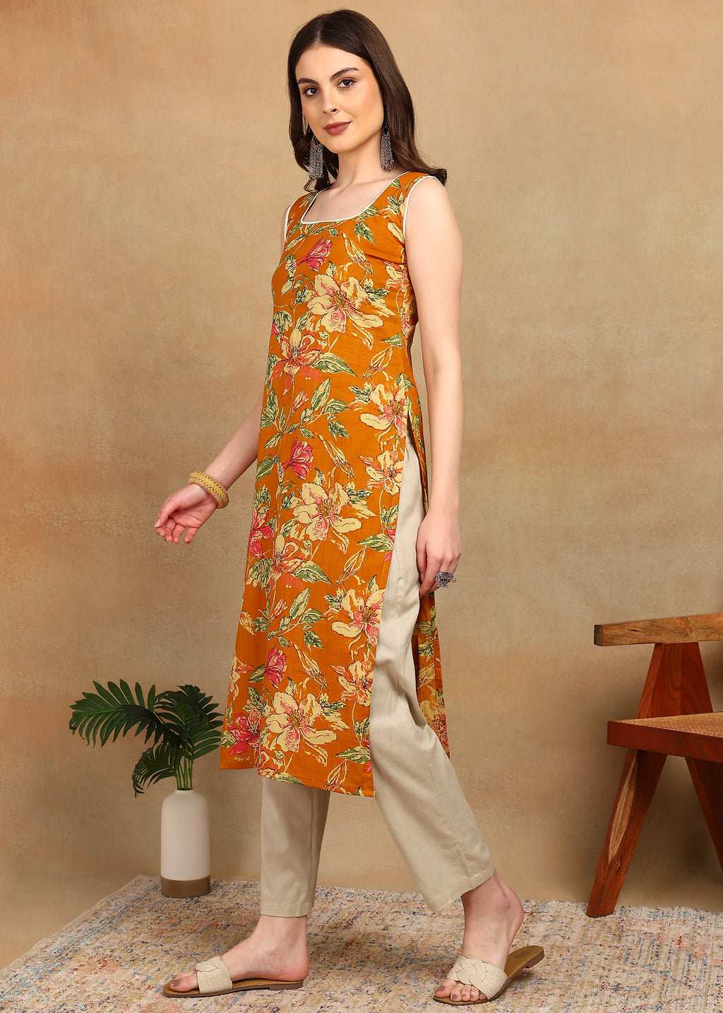 MUSTARD ABSTRACT LONG KURTI