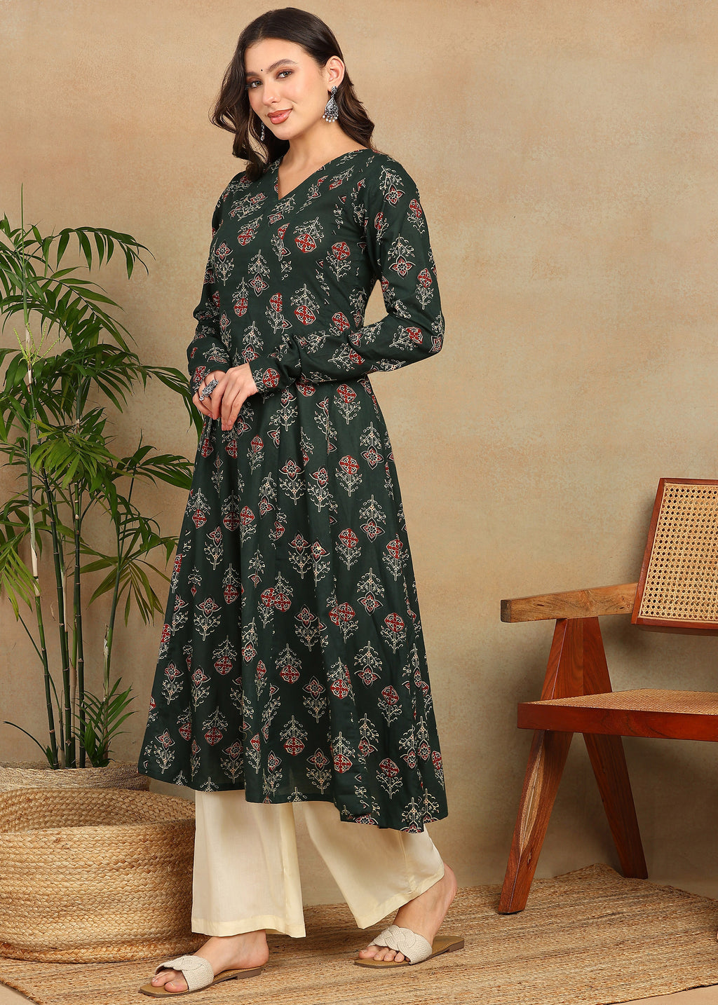 GREEN PRINTED A-LINE KURTA