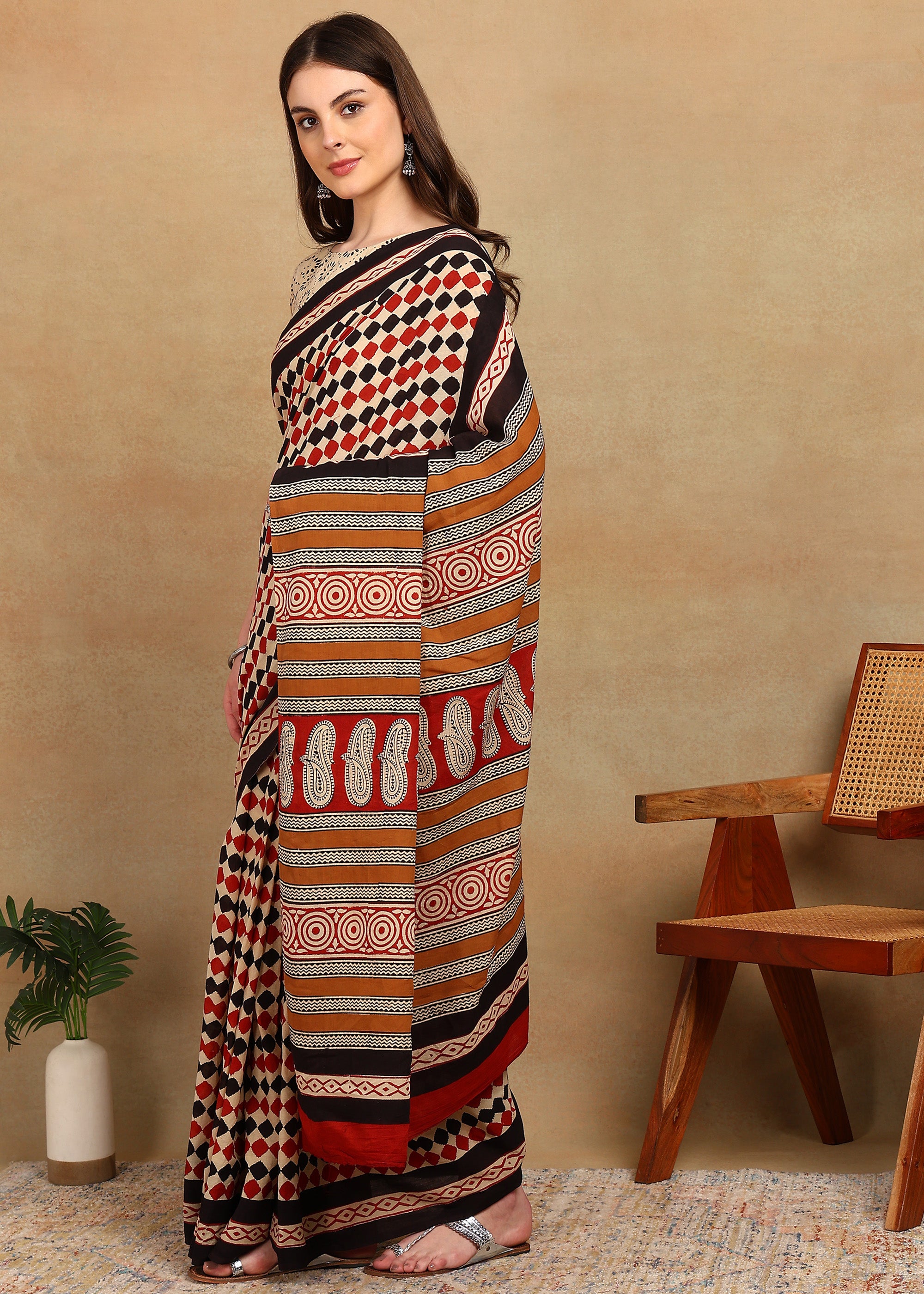 READY TO WEAR BEIGE AND RUST SAREE