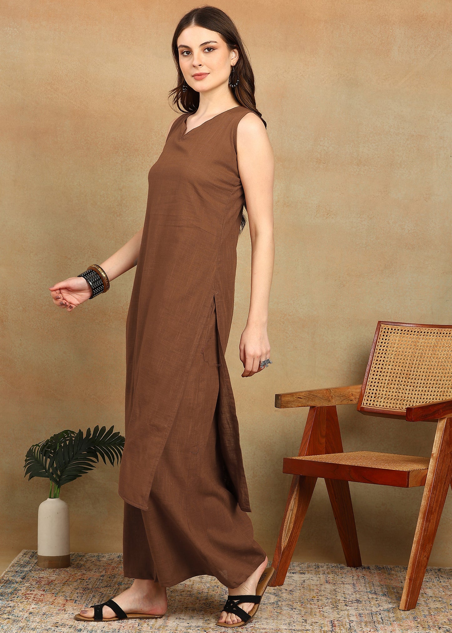 BROWN SLUB KURTA PLAZZO
