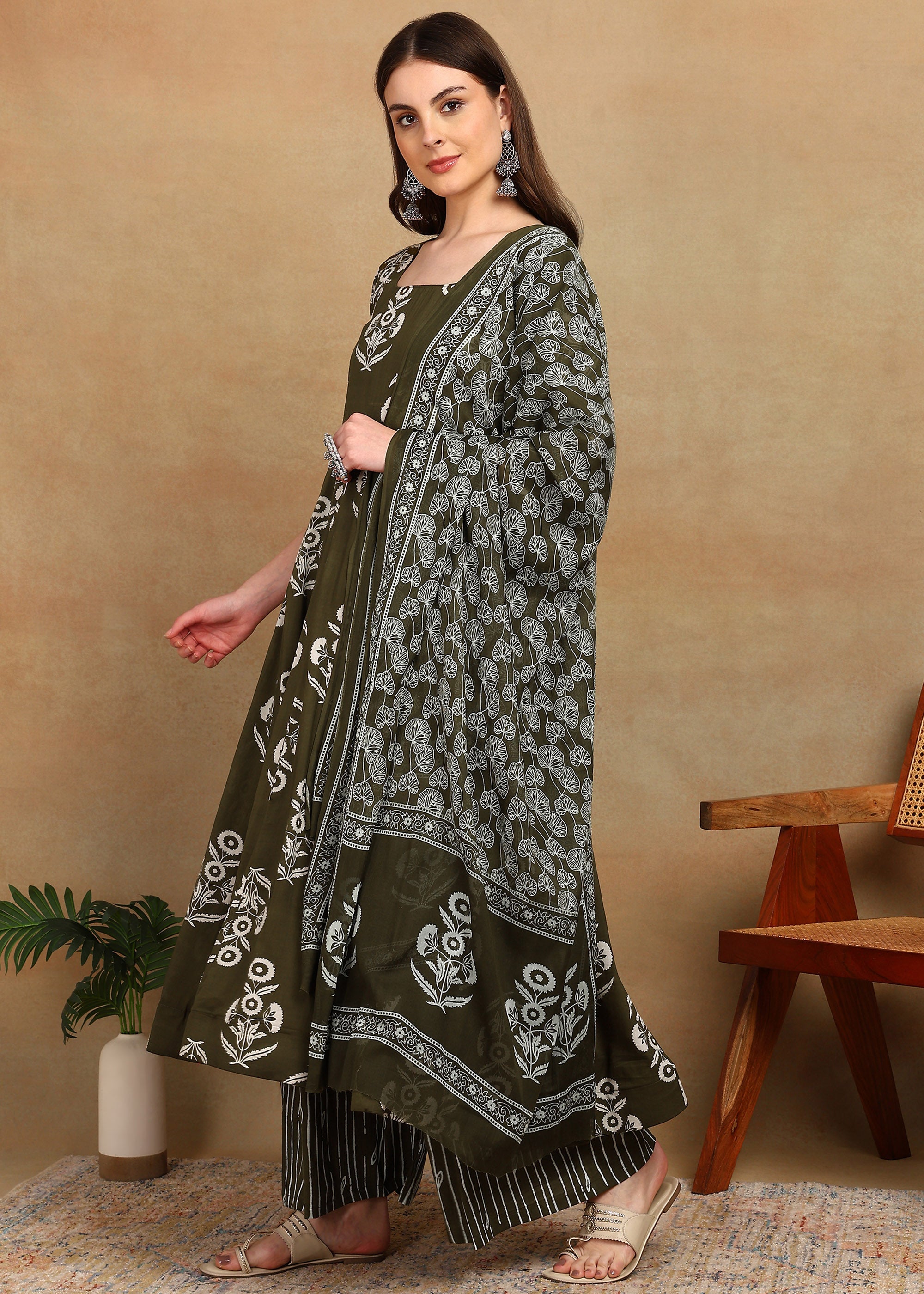 OLIVE KURTA ANARKALI SUIT SET