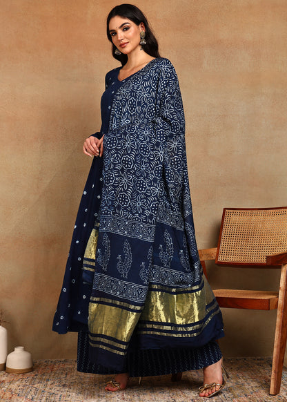 HANDMADE BHANDHEJ DABU INDIGO ANARKALI KURTA SUIT SET