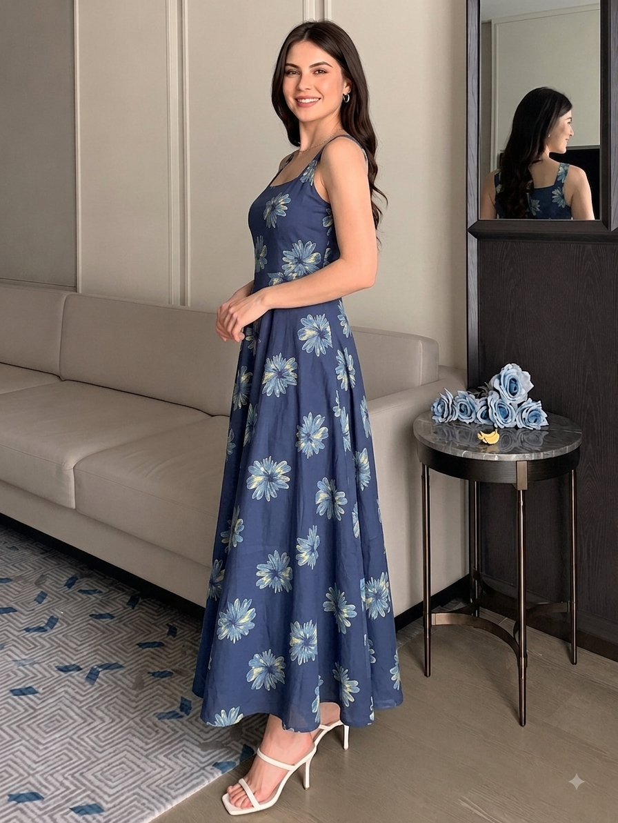 INDIGO FLORAL STRAP DRESS