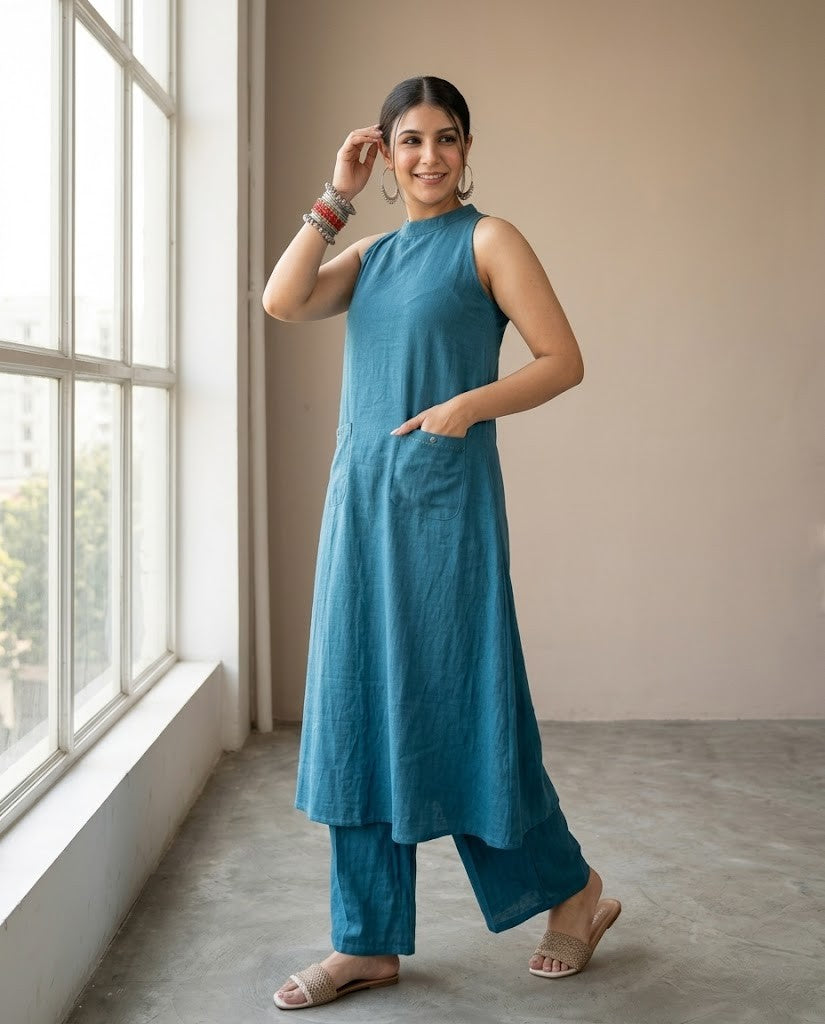 SKYBLUE SLUB KURTA PLAZZO SET