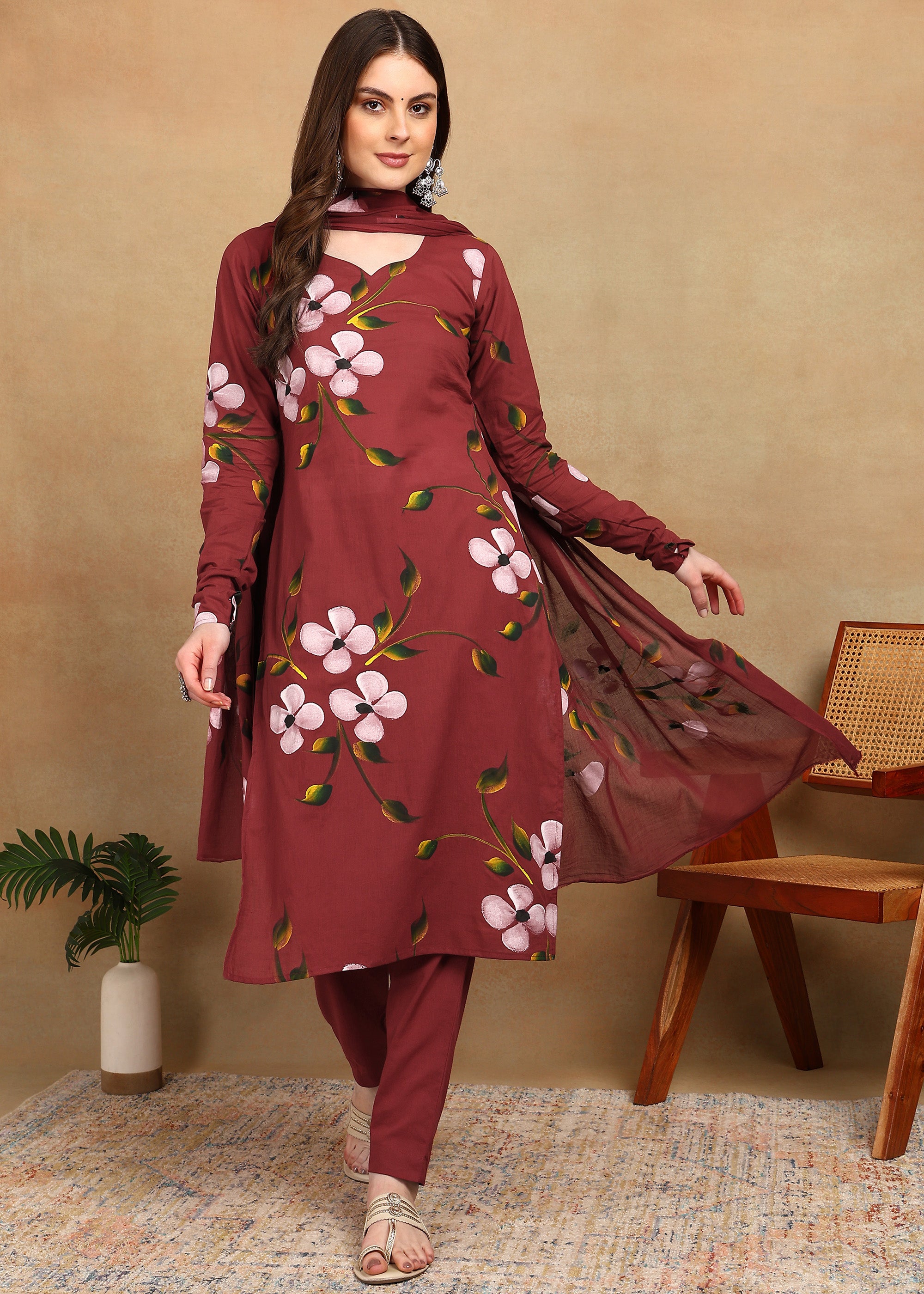 MAROON FLORAL HANDPAINT SUIT SET