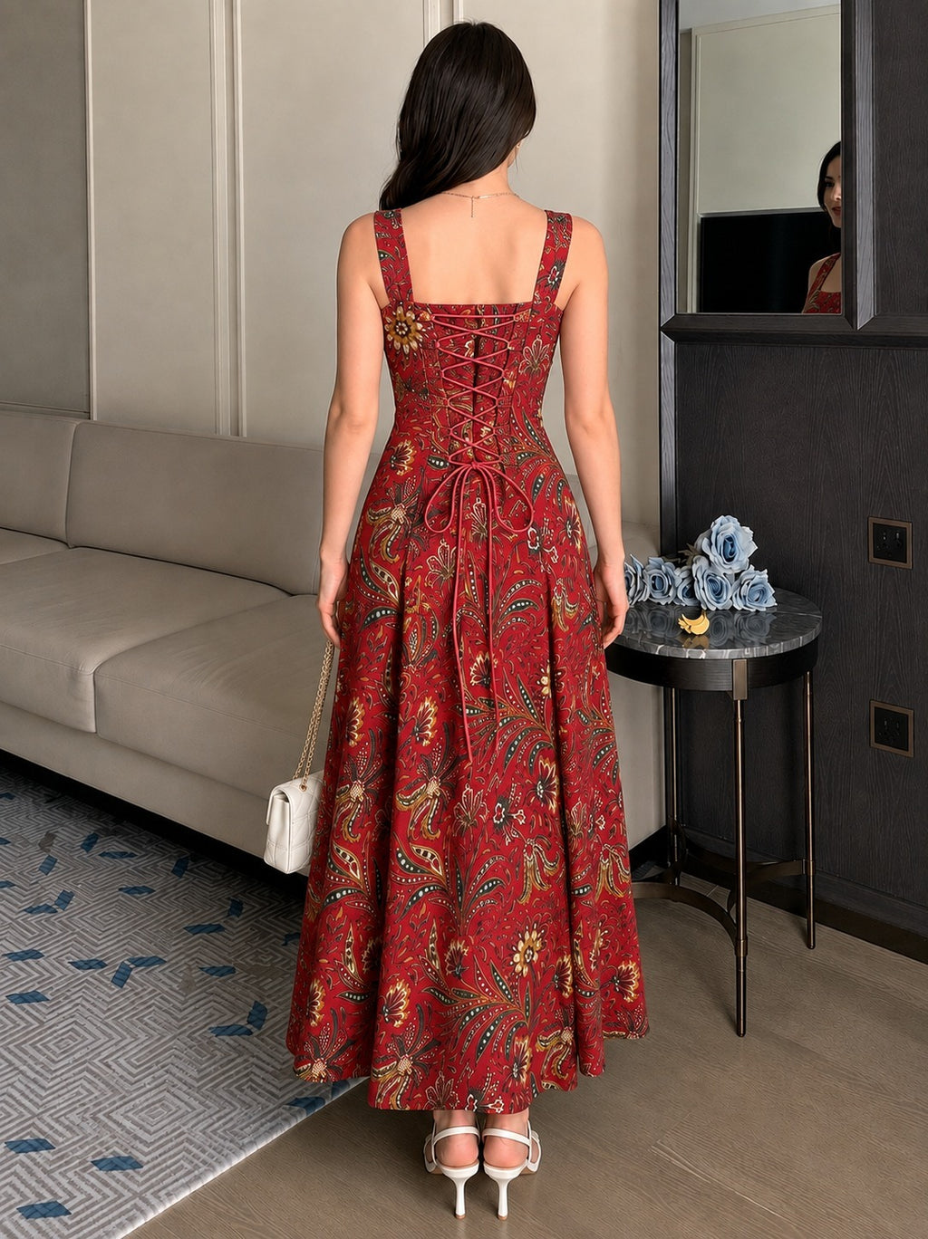 RED STRAP CORSET BACK DRESS