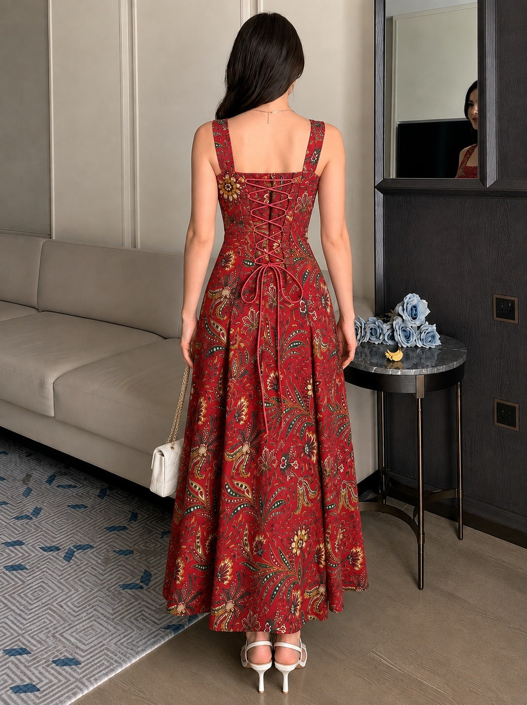 RED STRAP CORSET BACK DRESS