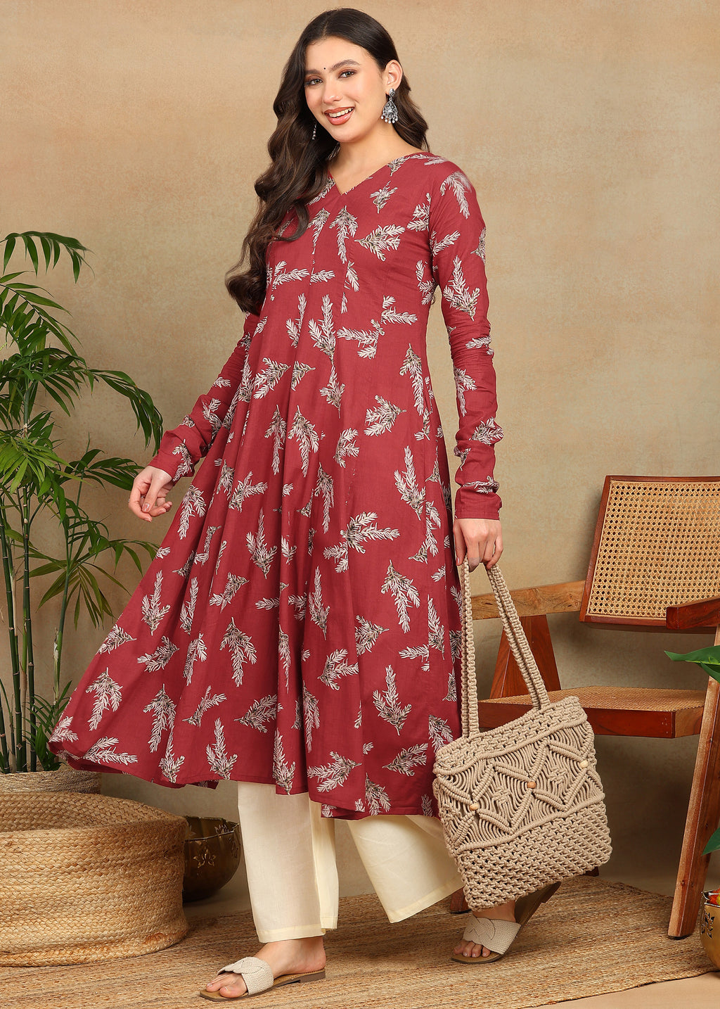 RED PRINTED A-LINE KURTA
