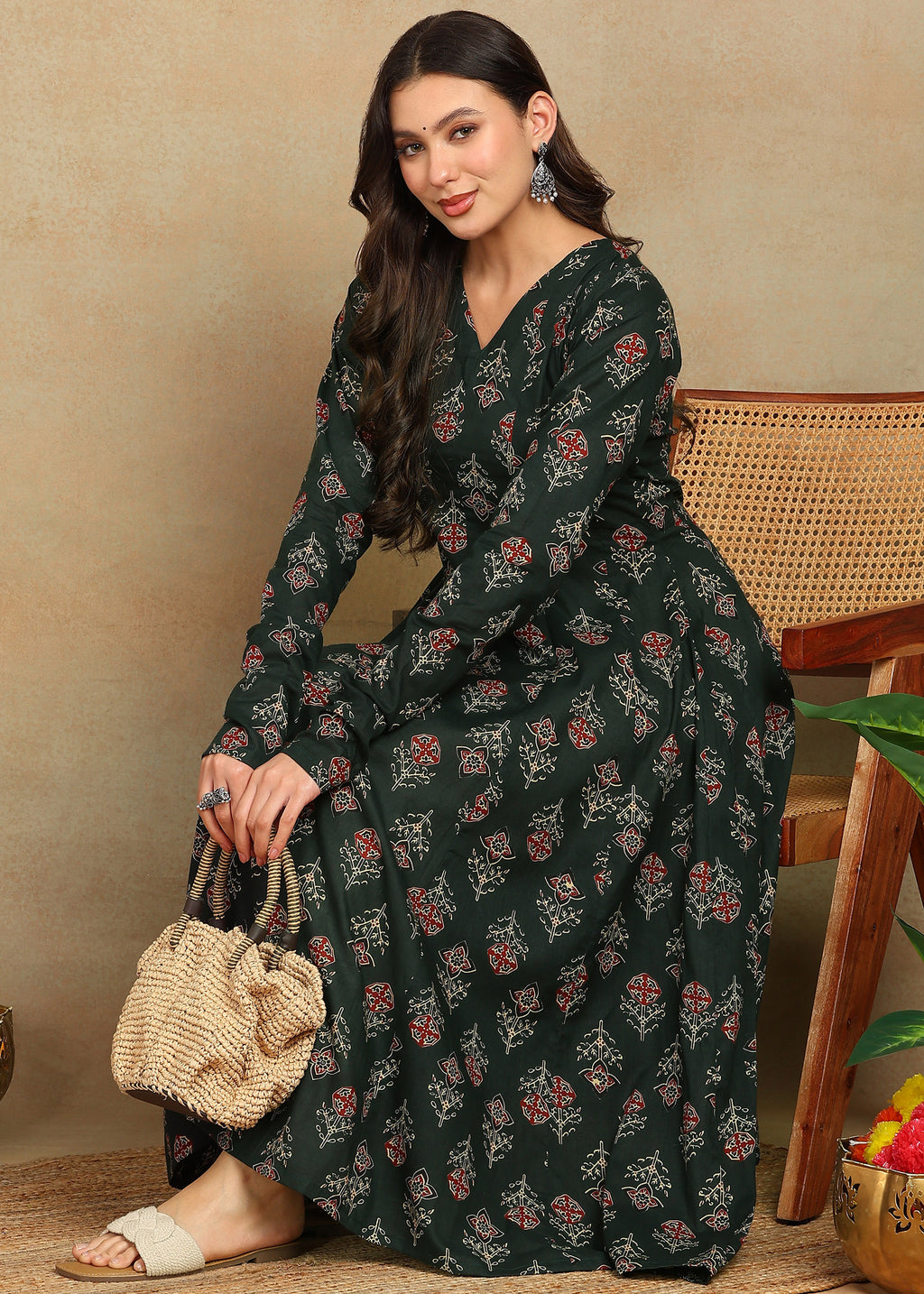GREEN PRINTED A-LINE KURTA