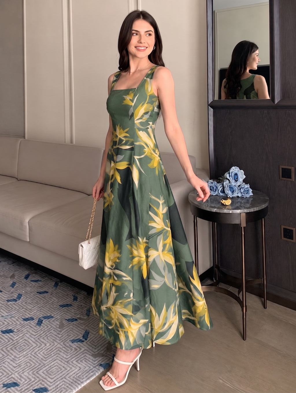ABSTRACT GREEN STRAP DRESS