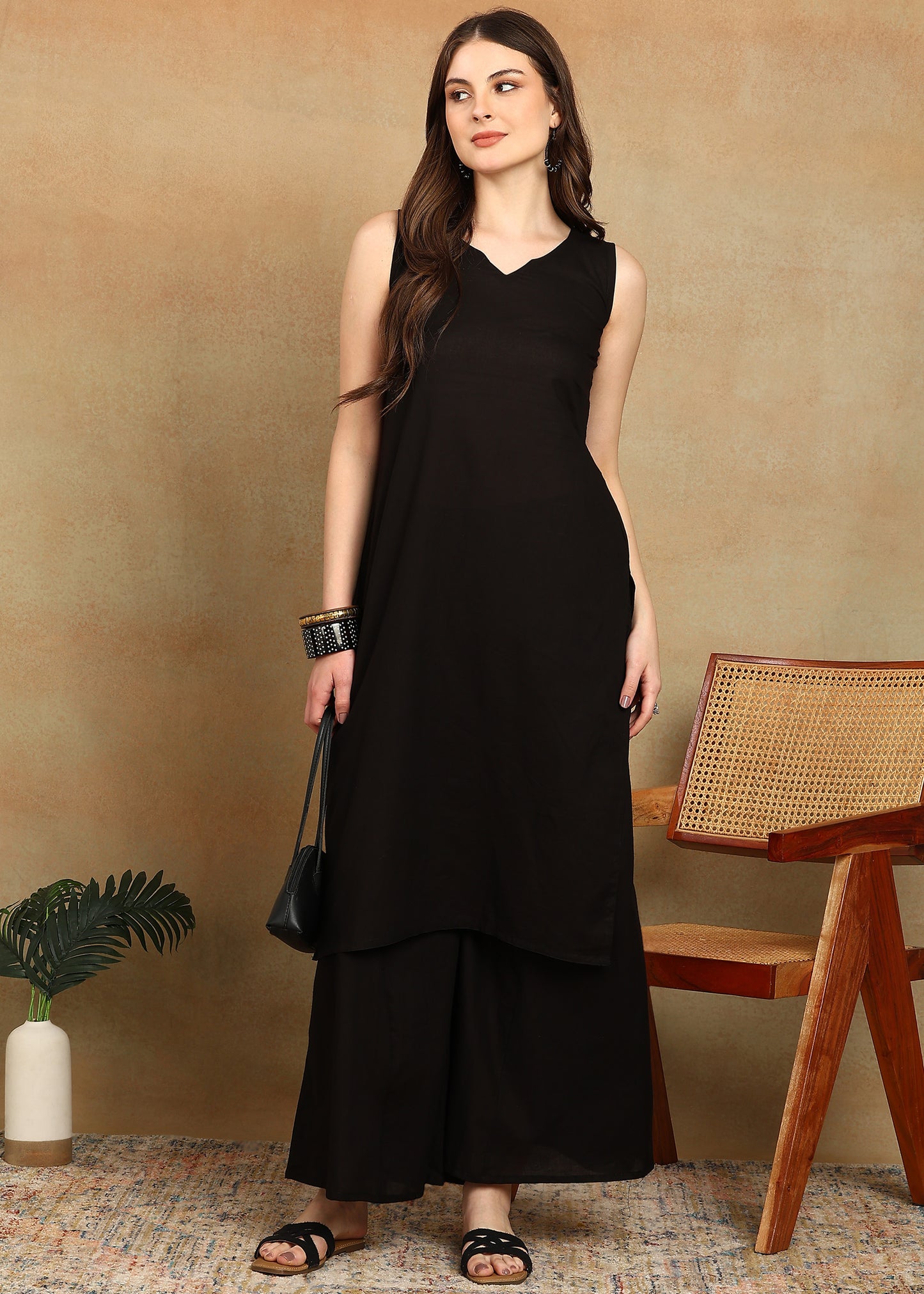 BLACK SLUB KURTA SET