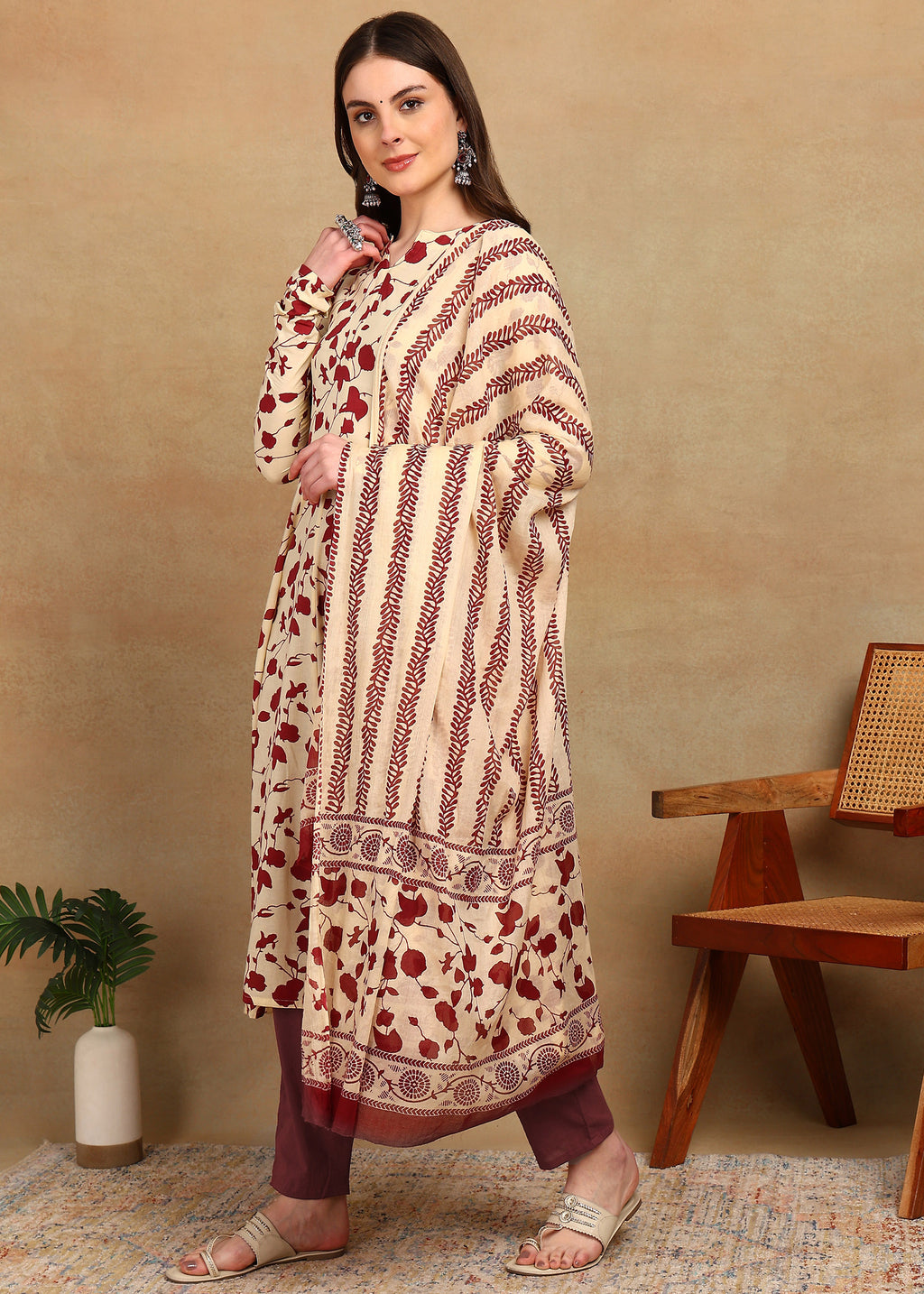 CREAM & MAROON FLORAL PRINTED ANARKALI SUIT SET