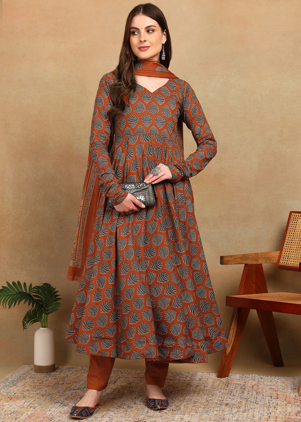 RUST AJRAKH ANARKALI SUIT SET