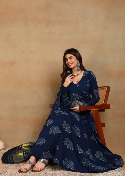 LADY DABU INDIGO HANDBLOCKED ANARKALI SUIT SET