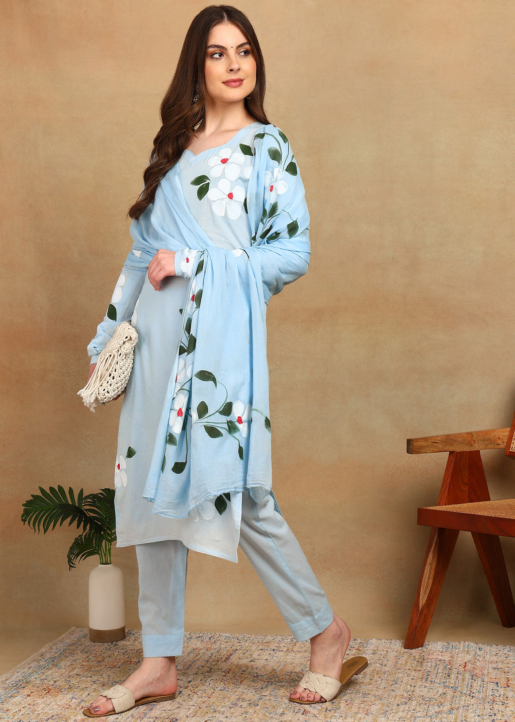 SKY BLUE HANDPAINTED FLORAL SUIT SET