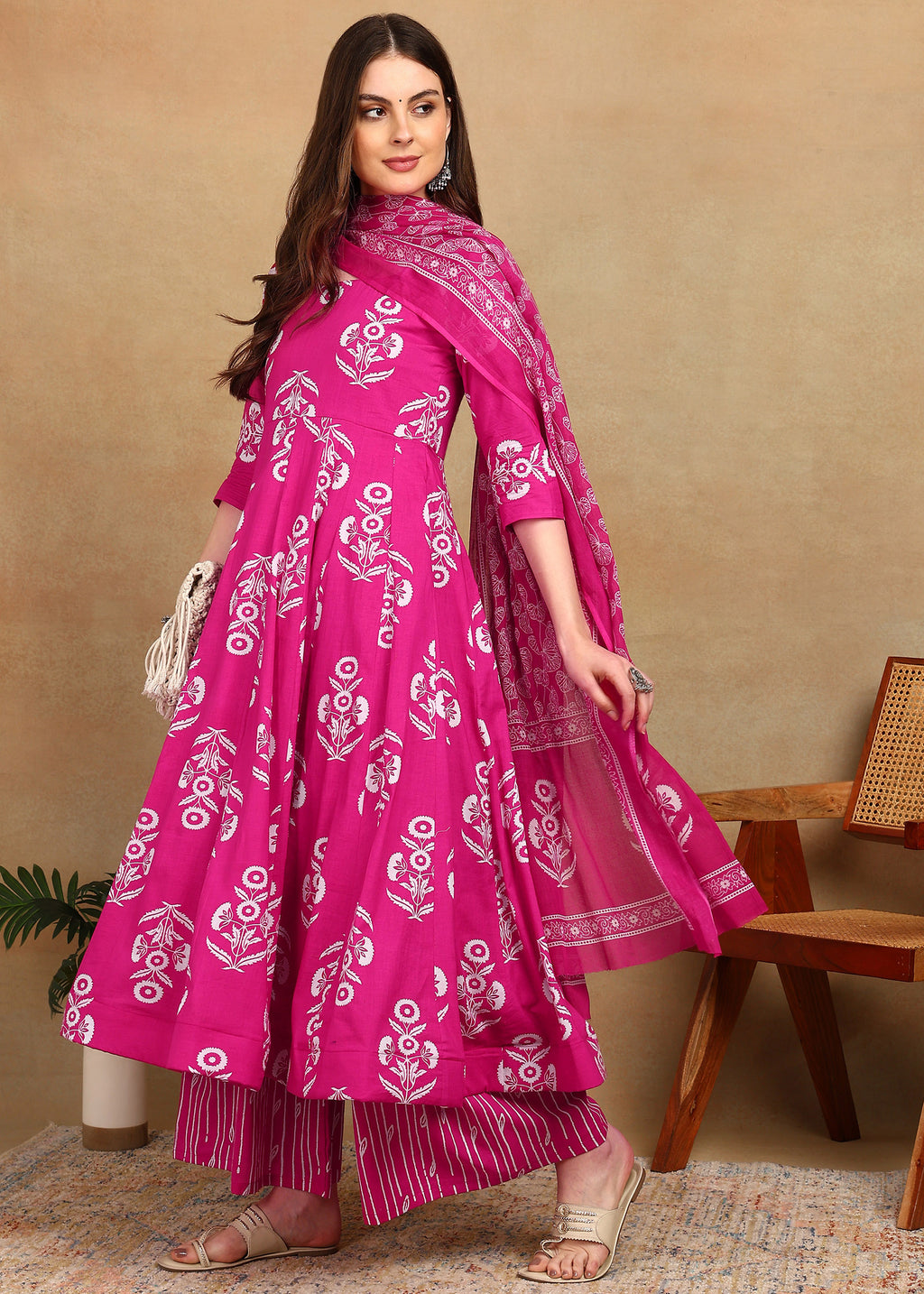 PINK FLORAL ANARKALI SUIT SET