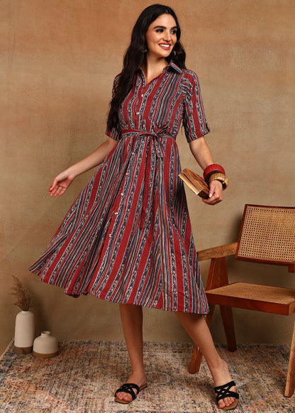 RED BLUE STRIPES COLLAR DRESS