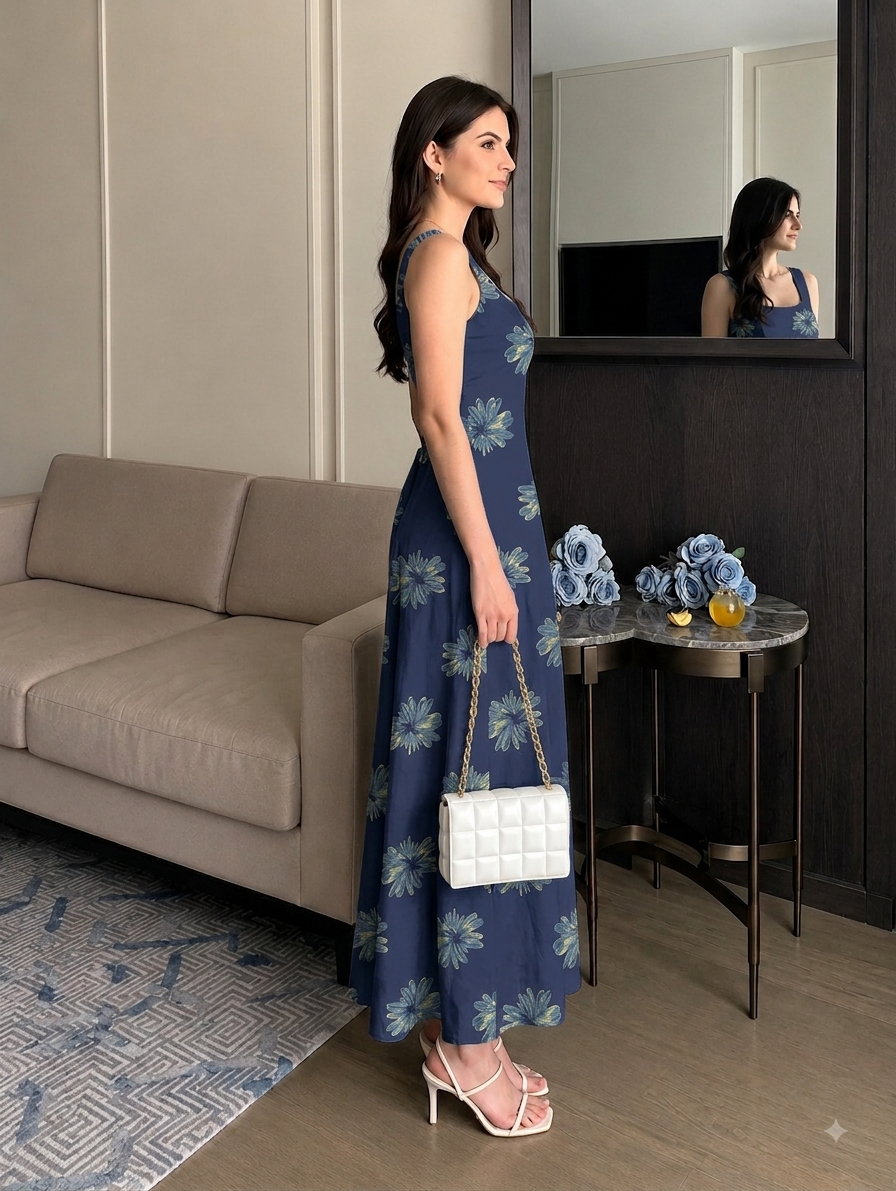 INDIGO FLORAL STRAP DRESS