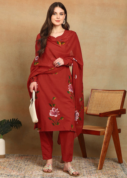 RED HANDPAINTED FLORAL SUIT SET