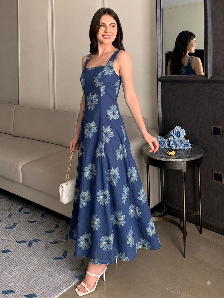 INDIGO FLORAL STRAP DRESS
