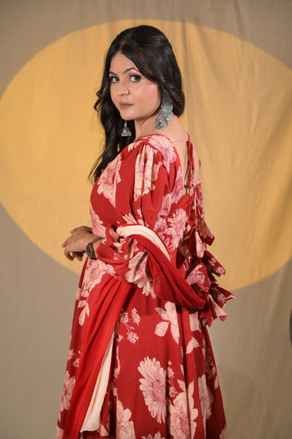 CRIMSON BLOOM PUFFED SLEEVES SUIT SET