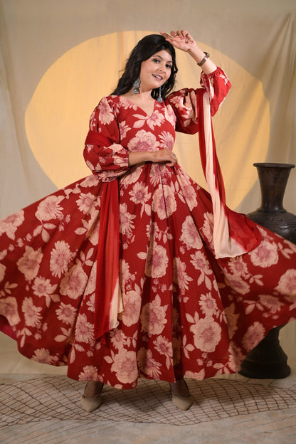 CRIMSON BLOOM PUFFED SLEEVES SUIT SET