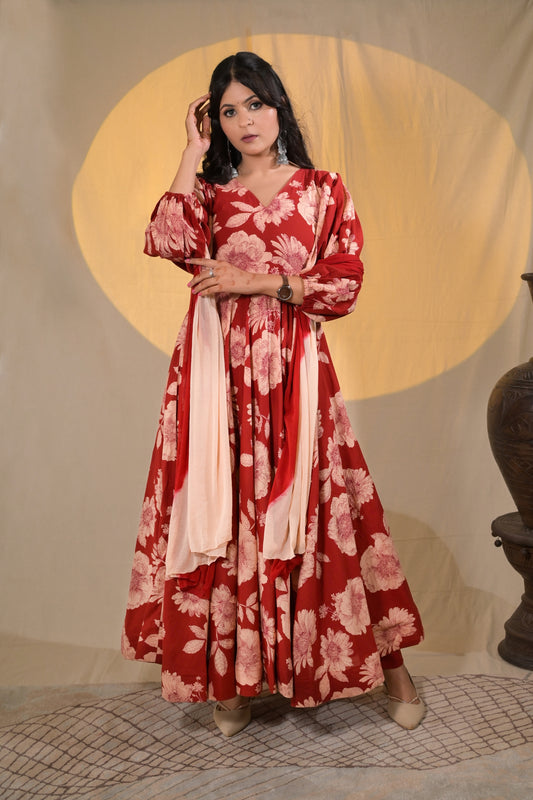 CRIMSON BLOOM PUFFED SLEEVES SUIT SET