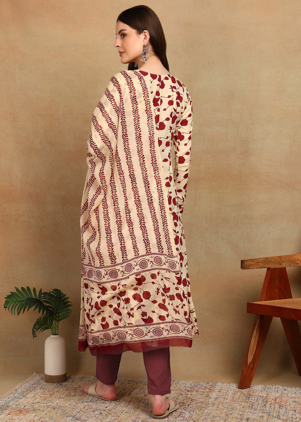 CREAM & MAROON FLORAL PRINTED ANARKALI SUIT SET
