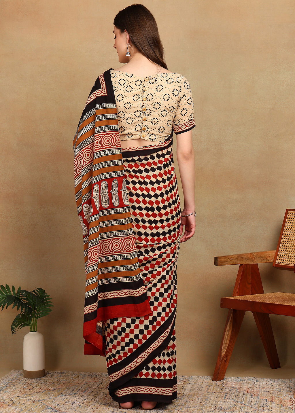 READY TO WEAR BEIGE AND RUST SAREE