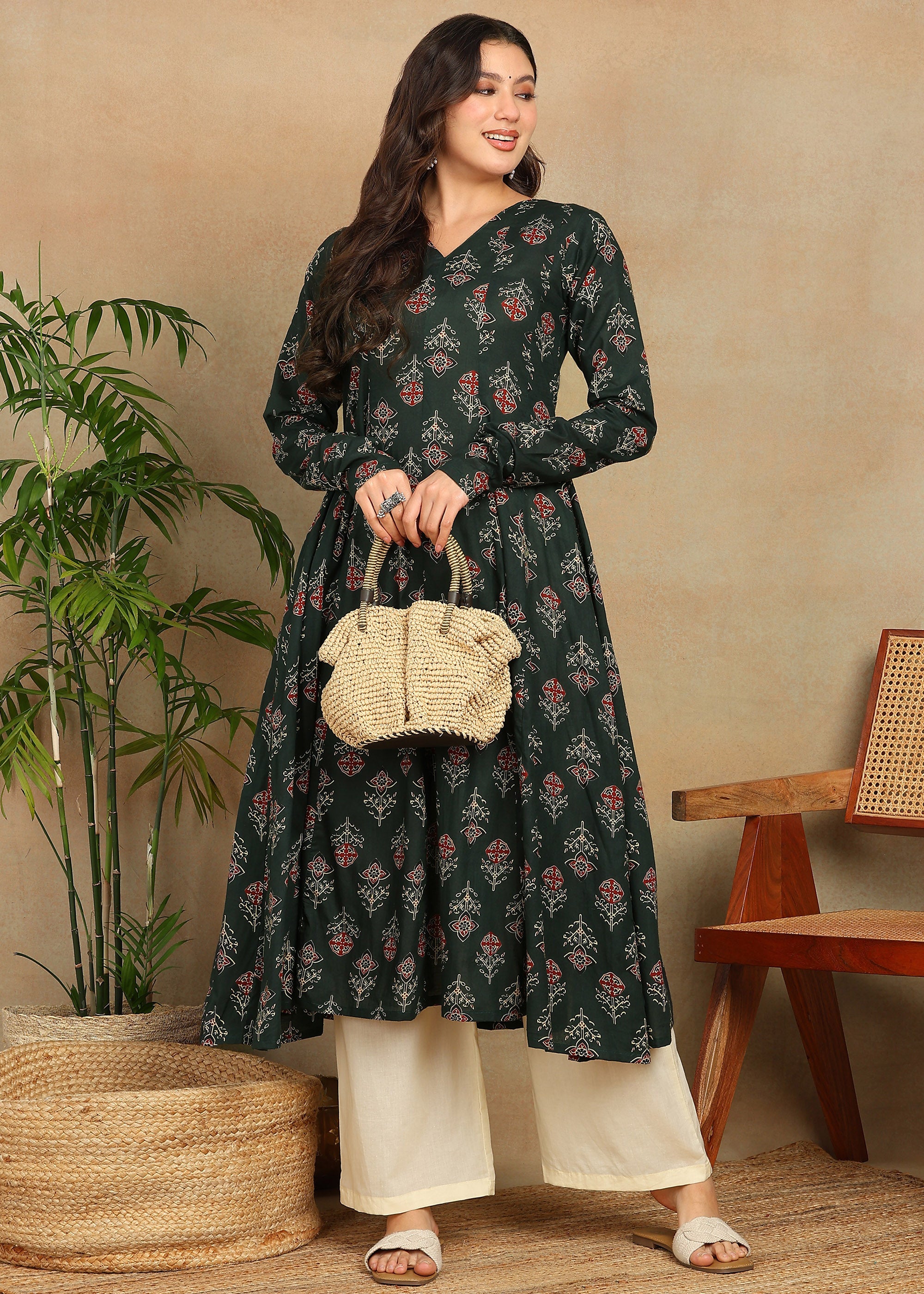 GREEN PRINTED A-LINE KURTA