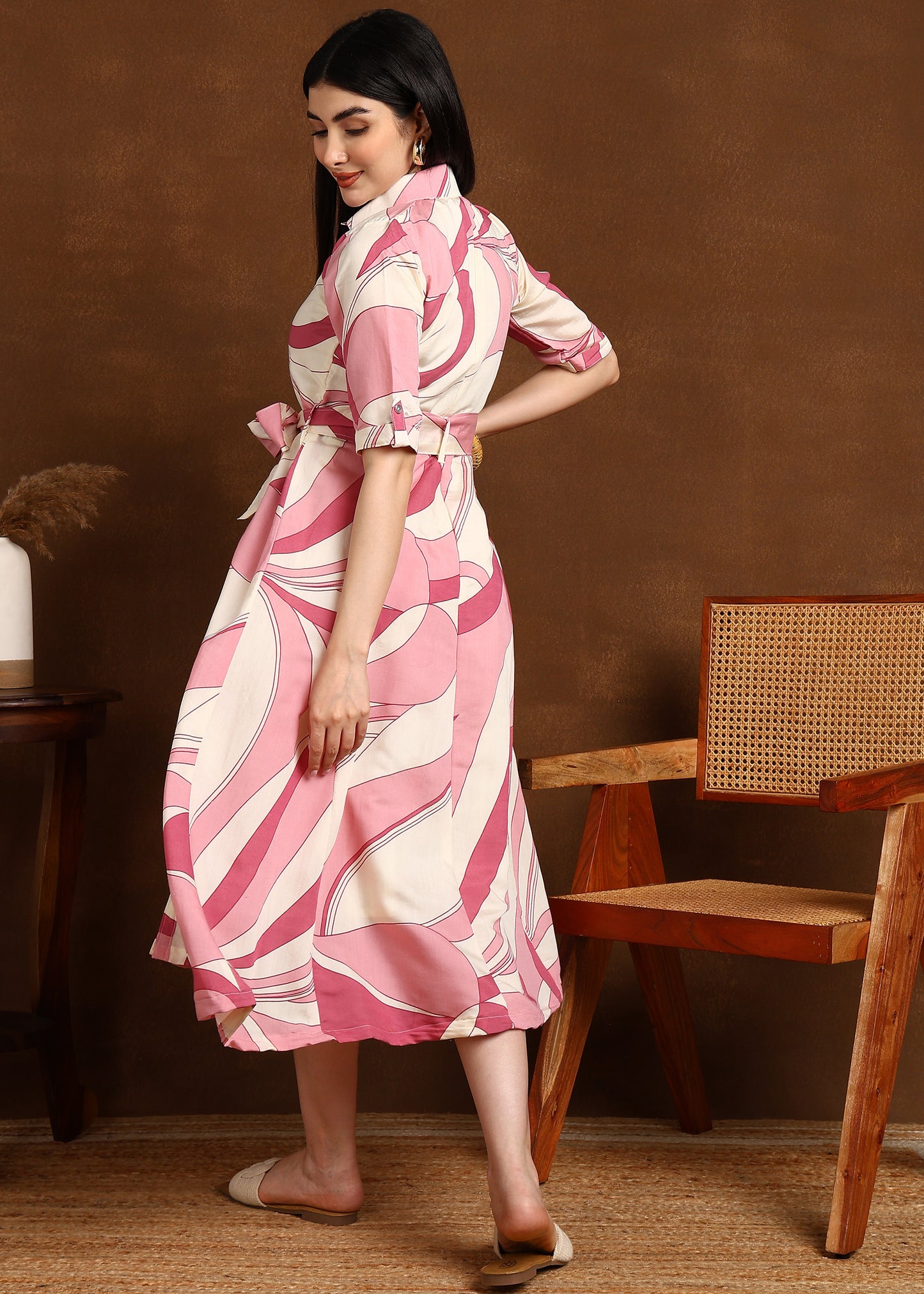 PINK GEOMETRIC PRINT MODAL SILK DRESS